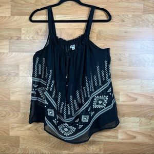 Cecico Sheer Tank Blouse w/Embroidery and a keyhole front tie Black